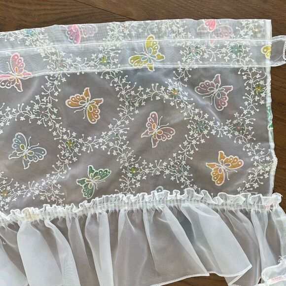 Vintage 2pc Pastel Butterfly Sheer Voile Ruffle Curtains Valance - Picture 2 of 5